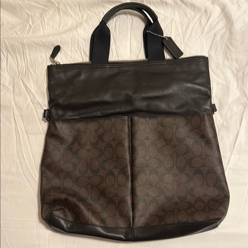 Coach Men's Black and Brown Leather Tote Bag